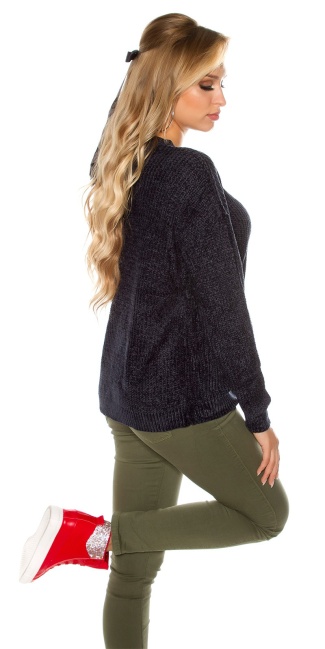 Trendy gebreide sweater-trui met bloemen-print borduurwerk marineblauw